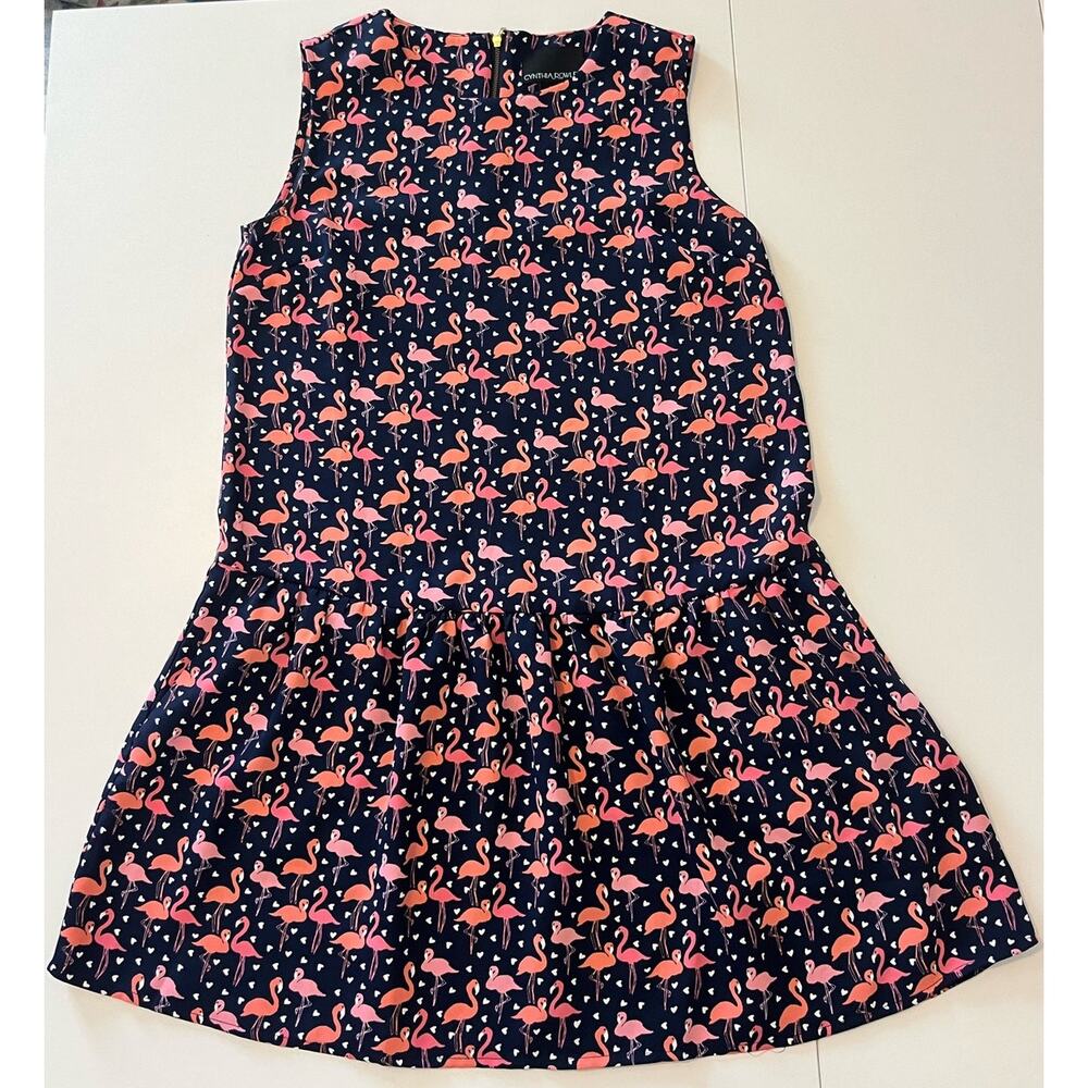 Cynthia Rowley Flamingo Heart Print Drop Waist Shift Dress Sz 2 Sleeveless Navy